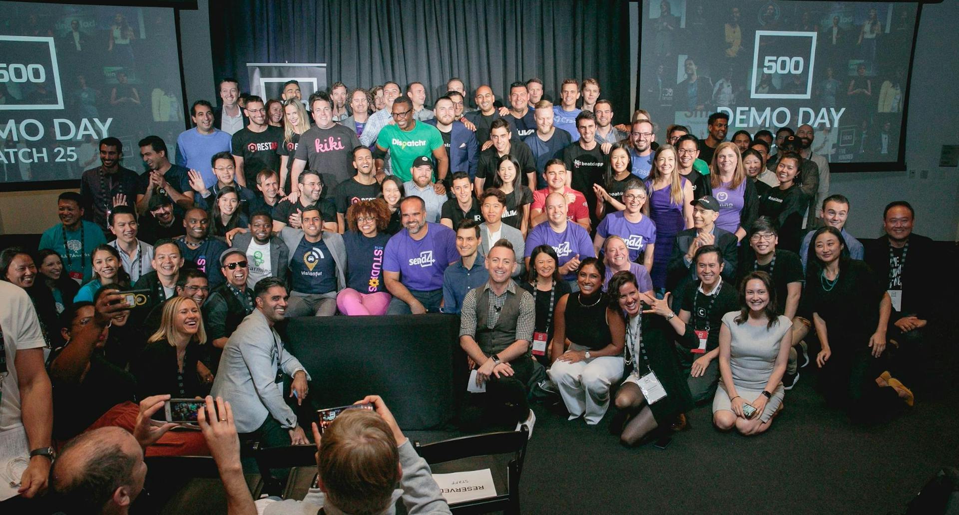 Batch 25 of 500 Startups’ SF Accelerator pose after Demo Day, on August 22, 2019
